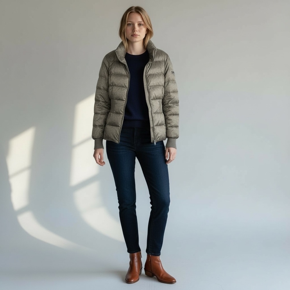 BCBG Max Azria Lorraine Puffer Down‎ Jacket zip pockets Thumbholes Gray Women M